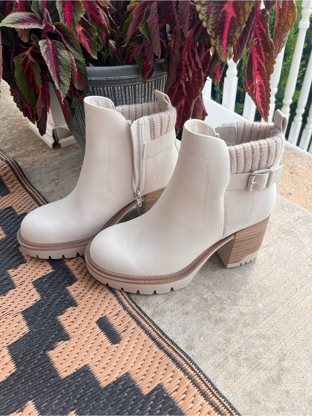 Altar'd State Cream Knit-Cuff Block Heel Ankle Boots